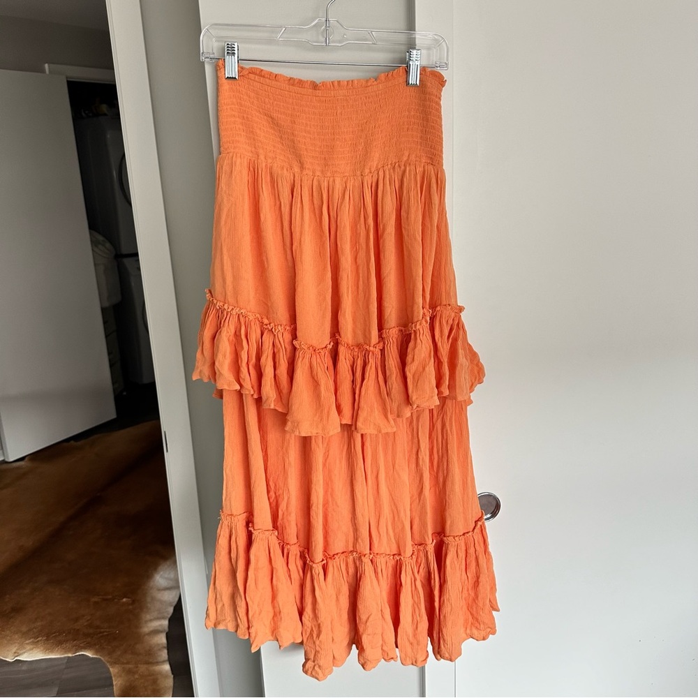 Free People Cascading High Waist Ruffle Midi Boho Skirt Orange - Picture 3 of 5